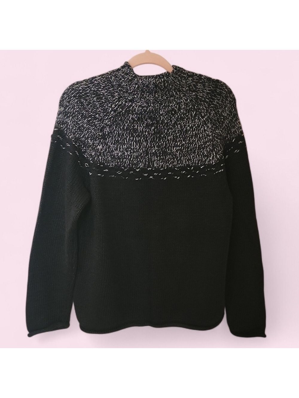 Vintage 90s Danielle Martin Black Marled Fisherman Sweater Ramie Blend Sz Large - Picture 2 of 5